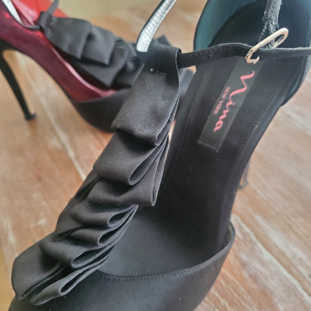 NINA Black Satin Women's Peep Toe Shoes Size 9